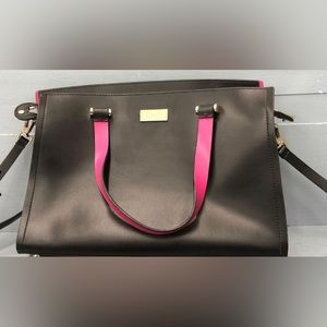 Kate Spade NY Black Pink Leather Bottom Studs Detachable Strap Zip Satchel Bag